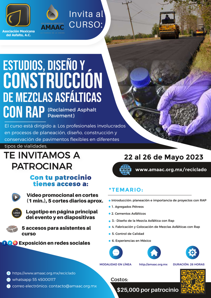 Patrocinio Curso Estudios, diseño y construcción de mezclas asfálticas con RAP