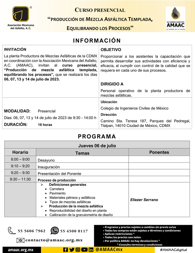 Curso presencial, “Producción de mezcla asfáltica templada, equilibrando los procesos”