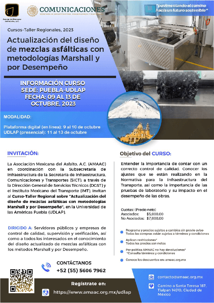 Puebla - PAQUETE 2 CON 4 BOLETOS Y PATROCINIO, Actualización del diseño de mezclas asfálticas con metodologías Marshall y por Desempeño
